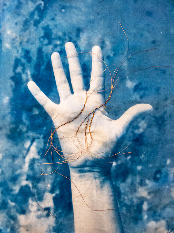 Jane Wiley •
Palmistry •
Cyanotype on Fabric with Copper thread Stitching