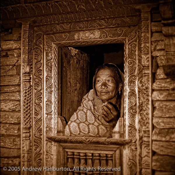 Andrew Haliburton - Lady in Window, Pokhara, Nepal - 7.5 x 7.5 on 8.5 x 11 - Pigment Ink Print - $75